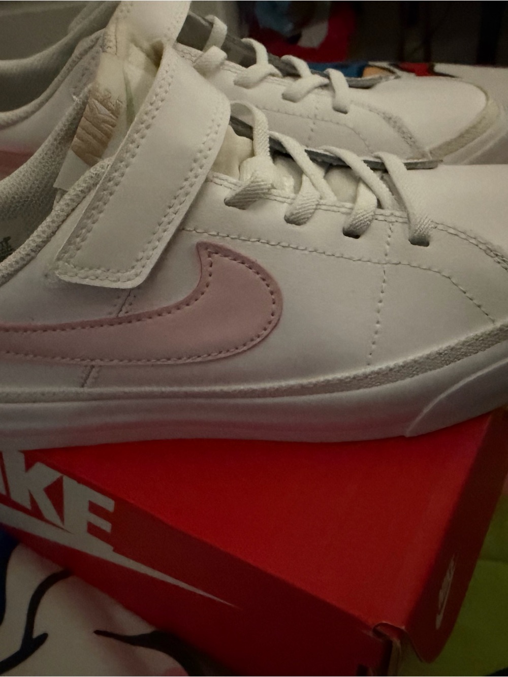 Nike Kids White Sneakers with Light Pink Swoosh - Velcro Strap